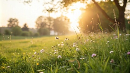 A grassy meadow bathed in golden sunlight, with delicate wildflowers swaying in the gentle breeze. The warm glow of the setting sun casts long shadows, creating a serene and peaceful ambiance.