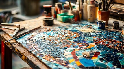 Colorful mosaic artwork in progress on a rustic wooden workbench, surrounded by art supplies.