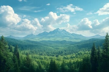 Obraz premium A beautiful open natural landscape aerial view of a wide, tall forest with blue sky and clouds, lots of lush green trees, and mountains in the distance.