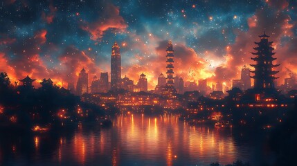 Naklejka premium Cityscape Engulfed in Fire and Smoke.