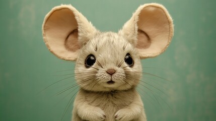 Cute Mouse Portrait with Big Ears and Large Eyes on Green Background