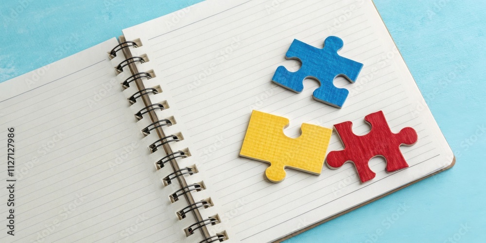 Poster A blank lined notebook with puzzle pieces signifying a solution to a problem, creating a space for brainstorming and idea generation.