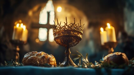Elegant ceremonial table with candles and bread in a dim setting