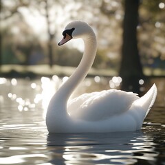 Graceful Swan Gliding Across Tranquil Pond in Serene Natural Setting