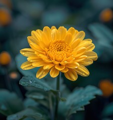 Close-Up of Yellow Dahlia Flower with Dew Drops and Lush Green Leaves