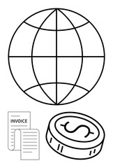 Globe icon representing global connectivity, currency coin indicating finance, and invoice document. Ideal for international trade, global business, finance, e-commerce, accounting, economics