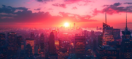 Fototapeta premium Vibrant sunset casts warm pink and orange light over a sprawling city skyline.