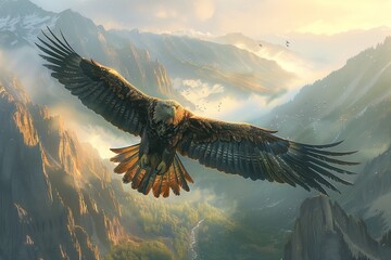 Obraz premium Majestic eagle soaring above breathtaking mountainous landscape at sunset.