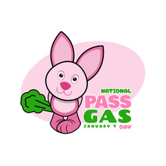 National Pass Gas Day to celebrate on January 7th. Illustration of a cute rabbit who has just passed gas.