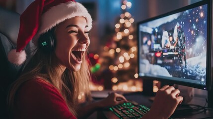 A girl wearing a Santa hat is joyfully gaming at her computer
