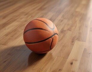 Obraz premium Basketball ball sitting on a hardwood floor with slight shadow , basketball ball, sports ball, court surface