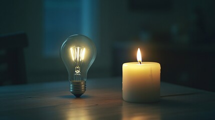 Contrast of Illumination: Glowing Lightbulb and Flickering Candle on Table in Soft Daylight