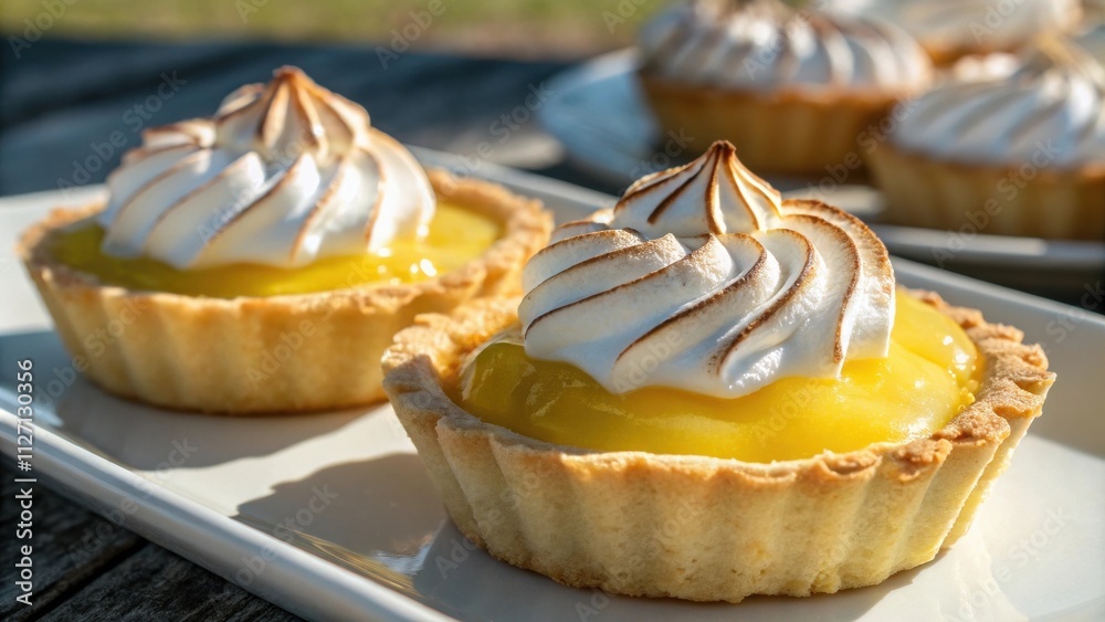 Poster lemon meringue tarts delicate pastry shells filled with tangy lemon curd and topped with whipped egg