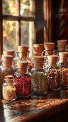 A collection of glass jars filled with various spices and herbs on a wooden table.