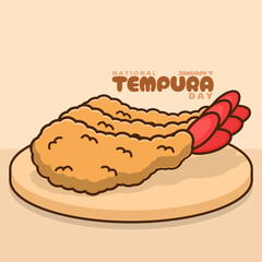 National Tempura Day to celebrate on January 7th. A typical Japanese fried food consisting of shrimp fried in flour. Food event banner.