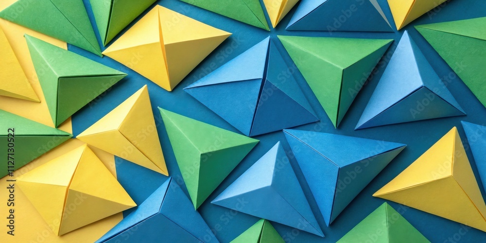 Poster a vibrant abstract design composed of origami triangles in shades of blue, green, and yellow, creati