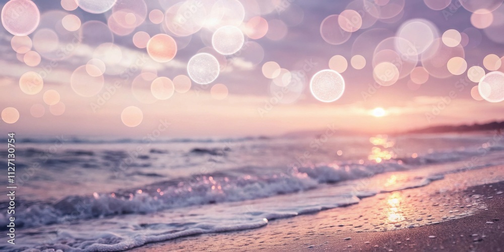 Poster soft focus blurred image of ocean waves breaking on a sandy shore at sunset with abstract bokeh ligh