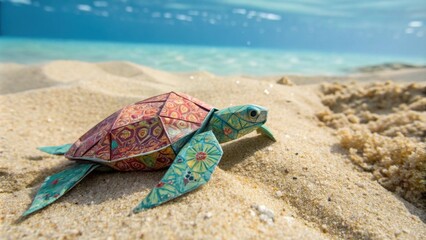 A meticulously crafted origami sea turtle made from colorful patterned paper rests on a sandy beach, with a gentle blue ocean in the background.