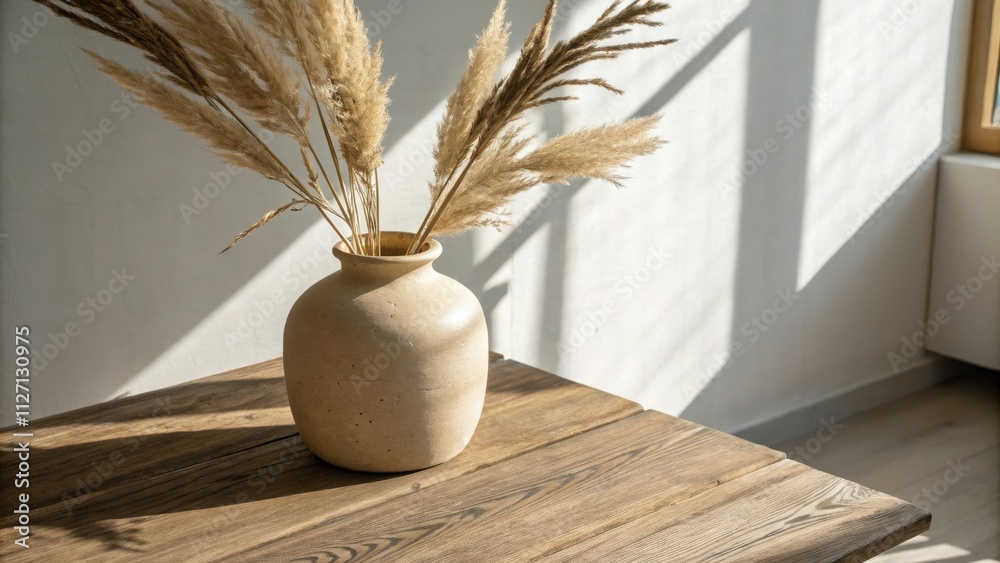 Poster dried pampas grass in a clay vase on a rustic wooden table with sunlight streaming through a window
