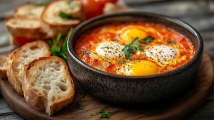 Shakshuka eggs baked in tomato sauce with bread