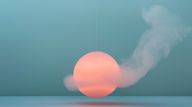 Large, round, orange sphere hanging from a thin white string against a light blue background. the sphere appears to be floating in the air, with a cloud of white smoke trailing behind it.