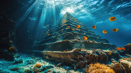 Mysterious underwater pyramid with sunlit water and colorful fish in a vibrant ocean scene
