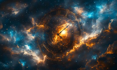 The gears and cogs of the clock tower intertwined with a nebula-filled sky