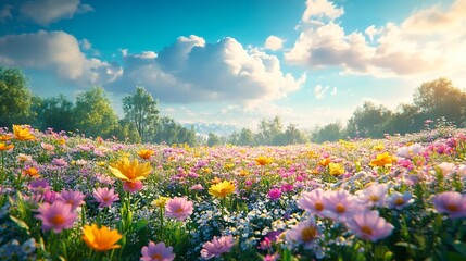 Fototapeta premium Panorama of spring flowers in the field or garden