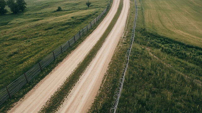 Aerial View of Fence and Ditch on Border Landscape