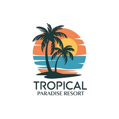 Tropical Paradise Resort Logo Featuring Palm Trees and Sunset