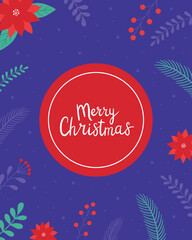 A bright Christmas card.A handwritten phrase Merry Christmas. Hand-drawn mistletoe, leaves, Christmas tree branches. Vector illustration