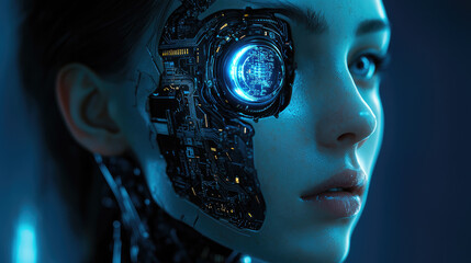 Futuristic cyborg woman with electronic eye in dark neon setting, young adult, advanced technology concept