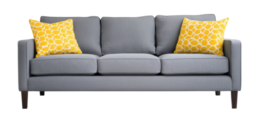 Gray sofa featuring a minimalist design with bright yellow patterned cushions. Ideal for modern living spaces and vibrant interior decor. Isolated on transparent background, png.