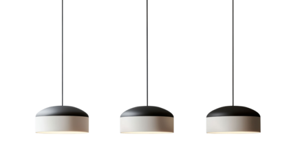 Modern pendant lights featuring black and white dome-shaped shades. Ideal for contemporary dining and living spaces. Isolated on transparent background, png.