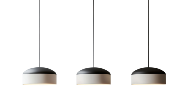 Modern pendant lights featuring black and white dome-shaped shades. Ideal for contemporary dining and living spaces. Isolated on transparent background, png.