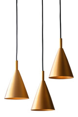 Elegant gold cone-shaped pendant lamps with a modern design, featuring sleek black cords and luxurious metallic finish. Perfect for stylish interior lighting. Isolated on transparent background, png.