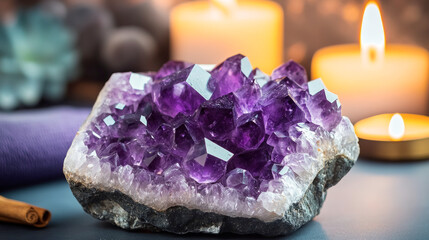 Polished amethyst cluster radiates tranquility with deep purple hues and gentle candlelight for a calming meditation ambiance