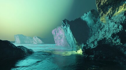 Ethereal teal sea, vibrant rock formations, alien landscape.