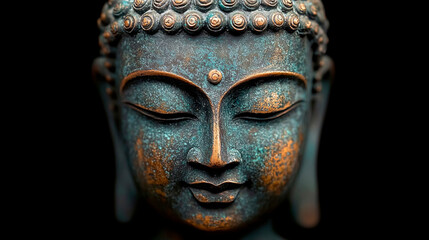 Experience serenity through the enchanting face of a Buddha statue captured in exquisite detail against a striking black background, showcasing the essence of impressionism