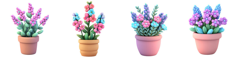 Obraz premium A collection of colorful potted flowers arranged in different styles, showcasing vibrant blooms and lush green leaves.