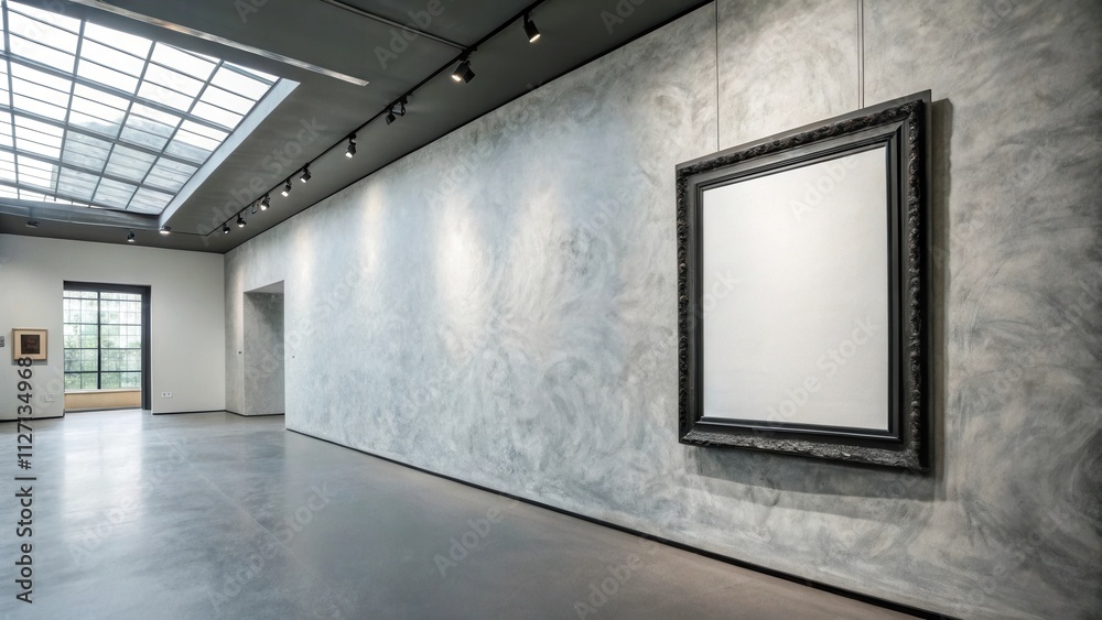 Poster An empty gallery room with a blank canvas in a black frame, waiting for a masterpiece to be displayed, illuminated by recessed lights.