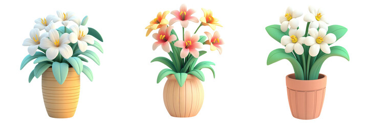 Obraz premium Three vibrant flower arrangements in decorative pots, showcasing a variety of colors and floral designs.