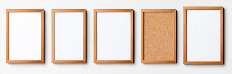 A realistic pinboard with cork texture surface and wooden frame. Background is empty for posting notice and memos. A modern set of brown blank clipboards includes an announcement and message
