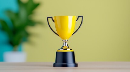 In a corporate setting, a triumphant businessman holds a golden trophy aloft, symbolic of his success and recognition as a top performer.
