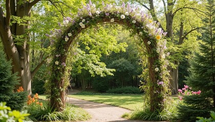 wedding arch, floral arch, garden wedding, green park, colorful flowers, natural setting, wedding decor, romantic atmosphere, outdoor wedding, lush greenery, scenic backdrop, wedding inspiration, peac