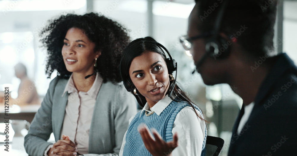 Poster Manager, call center and advice with customer support, training and help for computer teamwork. Business people, communication and employees for CRM service, online consulting and b2b problem solving
