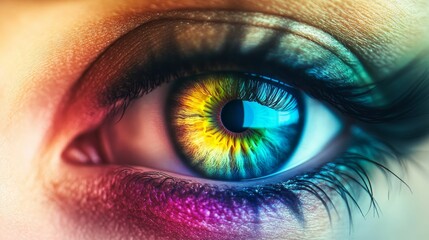Obraz premium Close-up vibrant eye, rainbow iris, detailed lashes.