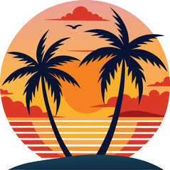 Tropical Sunset with Mountains and Palm Trees Vector Illustration