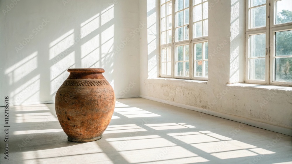 Poster Sunlight streams through large windows illuminating a simple clay pot on the white floor of a minimalist room.