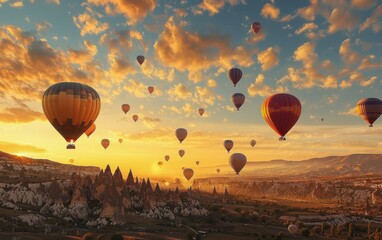 Obraz premium A breathtaking view of hot air balloons floating over the rugged landscapes and unique rock formations in Cappadocia, Turkey.
